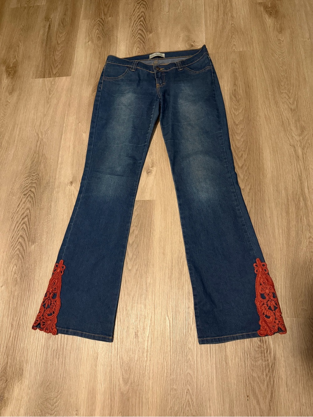 Dark Blue Flare Jeans with Red Lace Trim